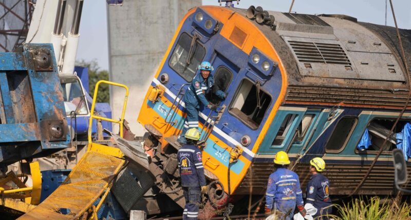 Construction crane falls onto moving train in Thailand, killing at least 29