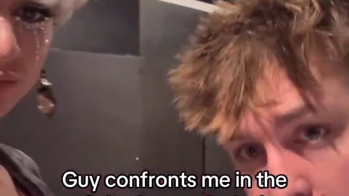 Disturbing moment man wearing makeup is bullied for using men's room