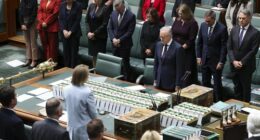 Prime Minister Anthony Albanese and Members of the House of Representatives observe a minutes silence as a mark of respect during a condolence motion in relation to the victims of the Bondi antisemitic terror attack, in the House of Representatives at Parliament House in Canberra on Monday 19 January 2026.