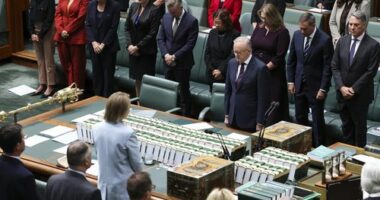 Prime Minister Anthony Albanese and Members of the House of Representatives observe a minutes silence as a mark of respect during a condolence motion in relation to the victims of the Bondi antisemitic terror attack, in the House of Representatives at Parliament House in Canberra on Monday 19 January 2026.