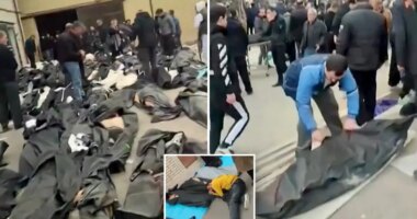 Footage shows grieving families in Iran wailing and desperately searching through rows of dead of bodies for loved ones