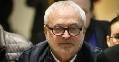 French former senator Joel Guerriau arrives at the courtroom, in Paris, Monday, Jan. 26, 2026. (AP Photo/Thomas Padilla)