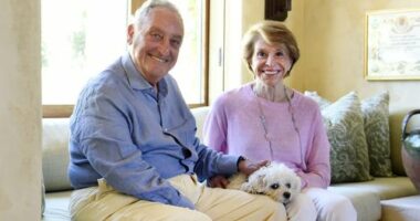 Sandy and Joan Weill pictured with their dog Angel, who received treatment for lymphoma at UC Davis Hospital in 2018.