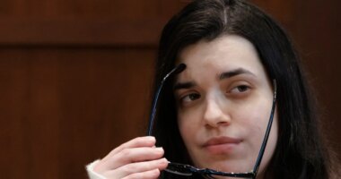 Juliana Peres Magalhães testifies during the double murder trial for Brendan Banfield in Fairfax County Circuit Court, Wednesday, Jan. 14, 2026, in Fairfax, Va. (AP Photo/Tom Brenner, Pool)