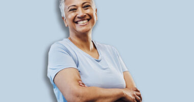 Senior, black woman and gym portrait of a person happy about fitness, training and exercise. Sports, happy and pilates studio of mature female with arms crossed proud about wellness and health