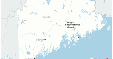 A map showing Bangor International Airport, where a private jet crashed on Sunday. (AP Digital Embed)