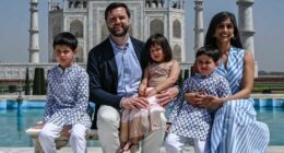 The Vance family visiting the Taj Mahal in India.