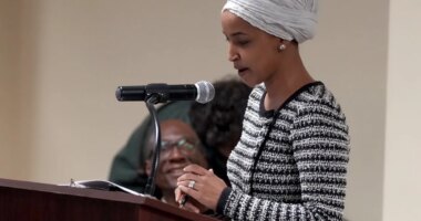 Rep. Ilhan Omar, D-Minn., speaks during a town hall in Minneapolis, Tuesday, Jan. 27, 2026. (Richard Tsong-Taatarii/Star Tribune via AP)