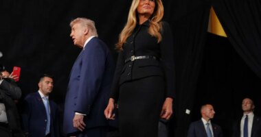President Donald Trump and first lady Melania Trump arrive for the premiere of her movie