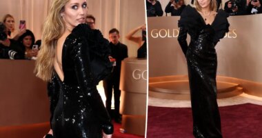 Miley Cyrus delivers dark drama with black sequins and bold shoulders at Golden Globes 2026