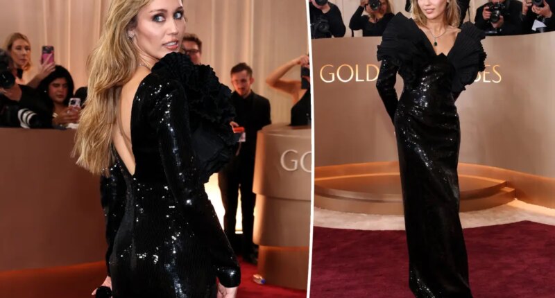 Miley Cyrus delivers dark drama with black sequins and bold shoulders at Golden Globes 2026