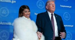 President Donald Trump greets Nicki Minaj during the event "Trump Accounts" at the Andrew W. Mellon Auditorium, Wednesday, Jan. 28, 2026, in Washington.