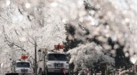 Utility trucks are seen through ice covered trees Wednesday, Jan. 28, 2026, in Nashville, Tenn. after a winter storm passed through area over the weekend. (AP Photo/George Walker IV)