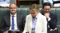 Shadow Treasurer Ted O'Brien, Opposition leader Sussan Ley and Nationals leader David Littleproud during Question Time at Parliament House in Canberra on Tuesday 25 November 2025.
