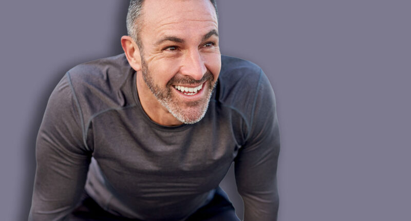 Mature, man and happy for workout break with fitness fatigue, overworked and tired of running challenge. Space, athlete and rest at promenade with exercise burnout, endurance and recovery from cardio