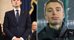 An image collage containing 2 images, Image 1 shows Barron Trump in a dark suit with a US flag pin on his lapel, attending his father's inauguration, Image 2 shows Matvei Rumiantsev