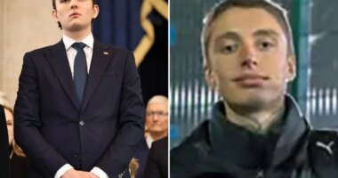 An image collage containing 2 images, Image 1 shows Barron Trump in a dark suit with a US flag pin on his lapel, attending his father's inauguration, Image 2 shows Matvei Rumiantsev