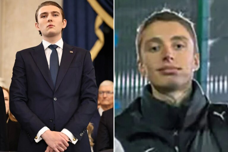 An image collage containing 2 images, Image 1 shows Barron Trump in a dark suit with a US flag pin on his lapel, attending his father's inauguration, Image 2 shows Matvei Rumiantsev