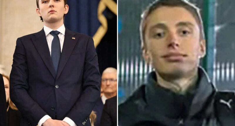 An image collage containing 2 images, Image 1 shows Barron Trump in a dark suit with a US flag pin on his lapel, attending his father's inauguration, Image 2 shows Matvei Rumiantsev