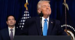 President Donald Trump listens to a question during a news conference at Mar-a-Lago, Saturday, Jan. 3, 2026, in Palm Beach, Fla., as Secretary of State Marco Rubio watches. (AP Photo/Alex Brandon)