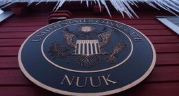 Icicles hang from the roof of the US consulate in Nuuk, Greenland, on Friday, Jan. 16, 2026. (AP Photo/Evgeniy Maloletka)