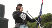 Brandan Koschel, 31, is accused of breaching newly passed racial hatred incitement laws in remarks to thousands of attendees of the anti-immigration March for Australia rally in Sydney yesterday.