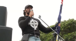 Brandan Koschel, 31, is accused of breaching newly passed racial hatred incitement laws in remarks to thousands of attendees of the anti-immigration March for Australia rally in Sydney yesterday.