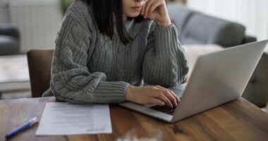 Determined woman reviewing job opportunities online