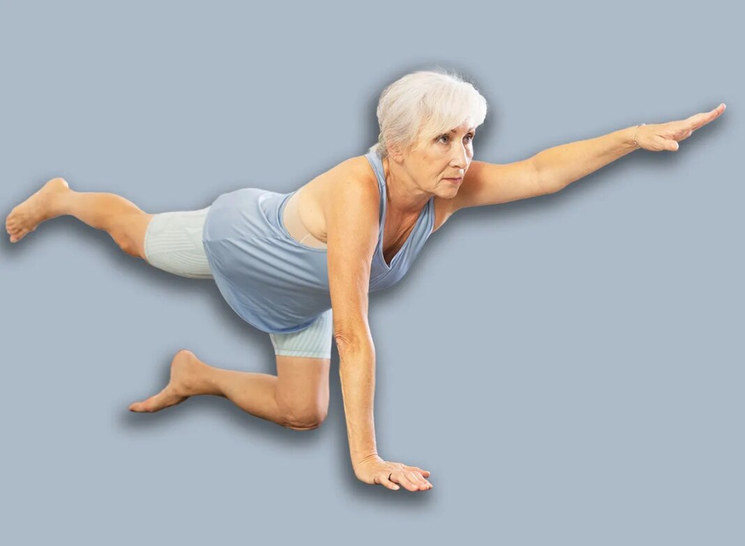Mini group of elderly female people is engaged in Pilates in sports studio hall. Elderly woman performs bird-dog pose, balancing table asana, dandayamana bharmanasana