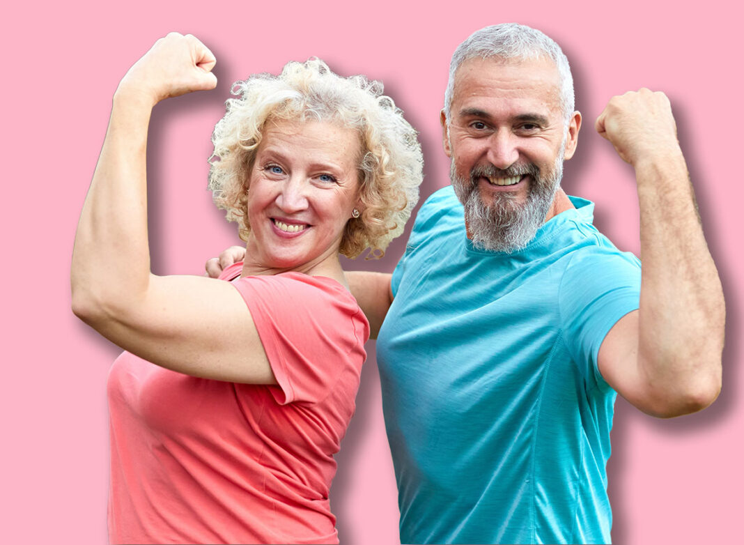 Portrait of a middle aged woman and man, a couple, exercising outdoor, workout and training in park. Mature female person happy doing cardio exercise for health, walking or running outside, showing ra