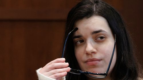 Juliana Peres Magalhães testifies during the double murder trial for Brendan Banfield in Fairfax County Circuit Court, Wednesday, Jan. 14, 2026, in Fairfax, Va. (AP Photo/Tom Brenner, Pool)
