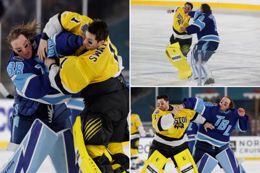 Bruins, Lightning goalies fight at NHL Stadium Series game