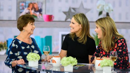 Savannah Guthrie, center, her mom Nancy, left, and Jenna Bush Hager speak, Wednesday, April 17, 2019, in New York.