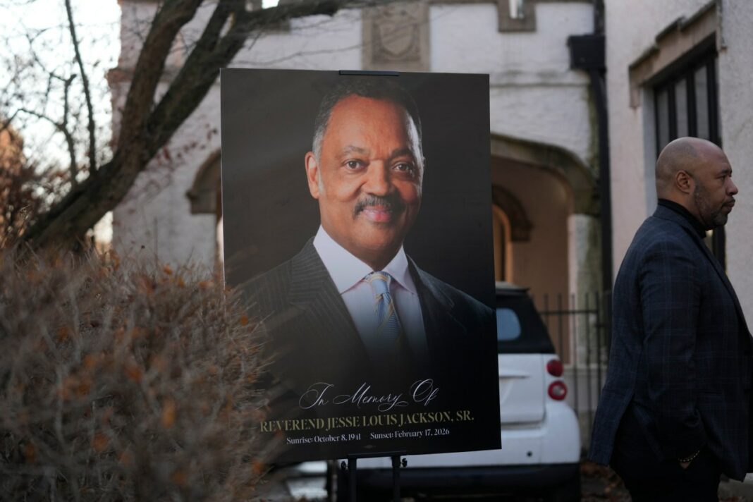 A picture of the Rev. Jesse Jackson is displayed during a news conference outside the family home, a day after his passing, Wednesday, Feb. 18, 2026, in Chicago. (AP Photo/Erin Hooley)