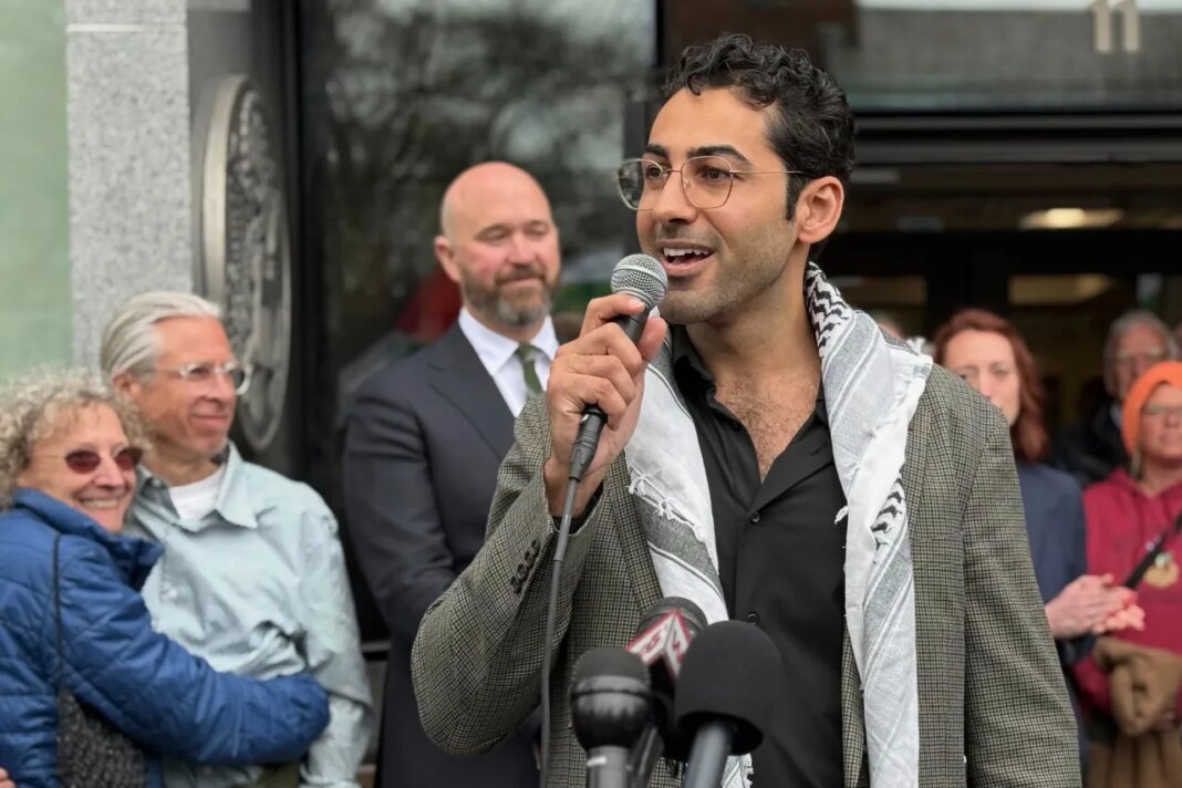 FILE - Mohsen Mahdawi speaks outside the courthouse after a judge released the Palestinian student activist, on April 30, 2025 in Burlington, Vt. (AP Photo/Amanda Swinhart, File)