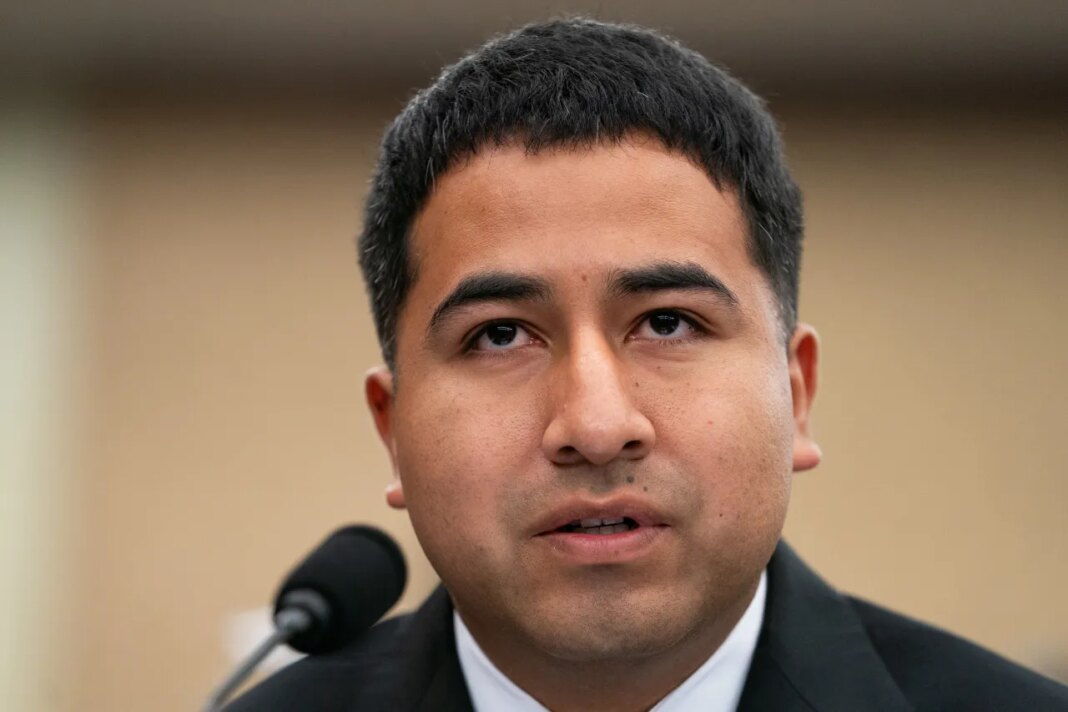 Alejandro Barranco, the son of a man detained by Immigration and Customs Enforcement, speaks at a Democratic Steering and Policy Committee hearing on Immigration and Customs Enforcement at the Capitol, Thursday, Feb. 12, 2026, in Washington. (AP Photo/Allison Robbert)