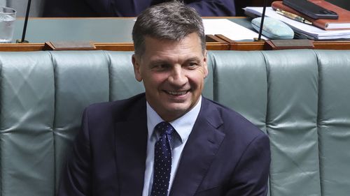 Opposition leader Sussan Ley and Shadow Minister for Defence Angus Taylor take theirs seats for Question Time at Parliament House in Canberra on Monday 9 February 2026. fedpol Photo: Alex Ellinghausen