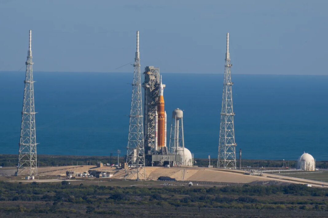 This photo provided by NASA shows the Artemis II SLS (Space Launch System) rocket with the Orion spacecraft atop a mobile launcher at Launch Complex 39B, Thursday, Jan. 29, 2026, at NASA