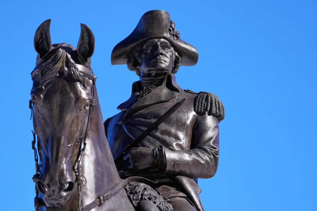 A statue of George Washington on horseback is displayed at the Public Garden, Friday, Feb. 13, 2026, in Boston. (AP Photo/Charles Krupa)