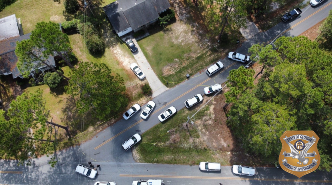 Drone shot of Coleman Drive from GBI of shooting in Swainsboro