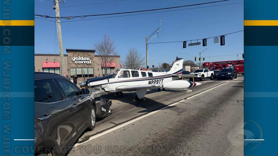 Small plane makes emergency landing on busy Georgia road, hits 3 vehicles