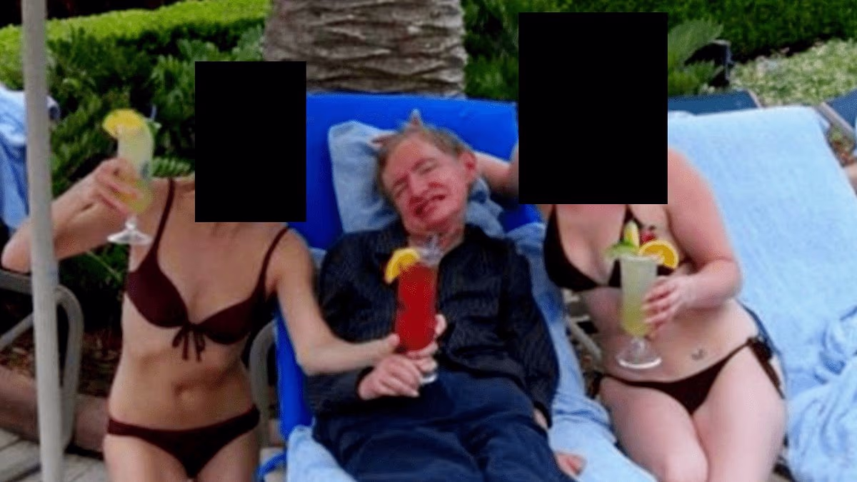 Stephen Hawking poses with bikini-clad women in Epstein files photo