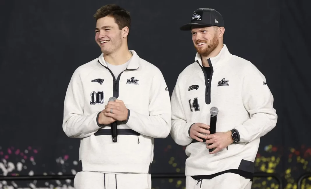 Super Bowl Quarterbacks Drake Maye and Sam Darnold Give Separate Takes on Bad Bunny Doing the Halftime Show