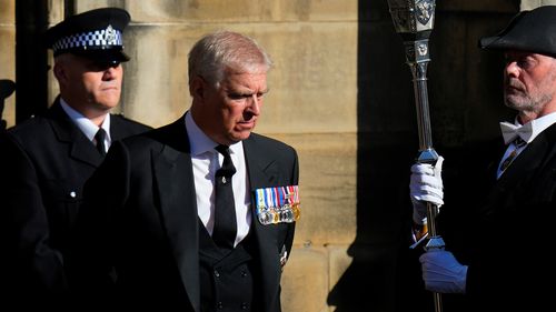 Andrew Mountbatten-Windsor leaves St Giles Cathedral after the arrival of the coffin containing the remains of his mother Queen Elizabeth in Edinburgh, Scotland on September 12, 2022.