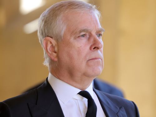 Prince Andrew, Duke of York during the funeral of Prince Philip, Duke of Edinburgh at Windsor Castle on April 17, 2021 in Windsor, England