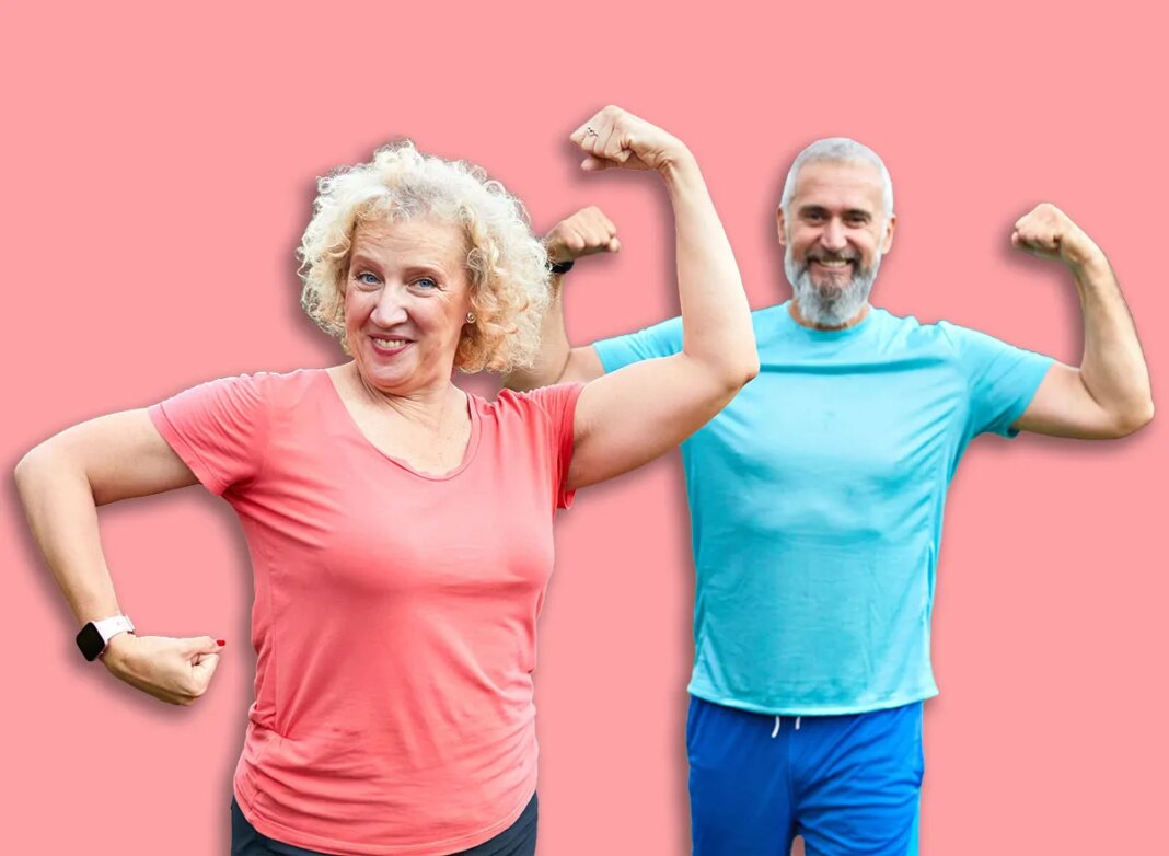 Portrait of a middle aged woman and man, a couple, exercising outdoor, workout and training in park. Mature female person happy doing cardio exercise for health, walking or running outside