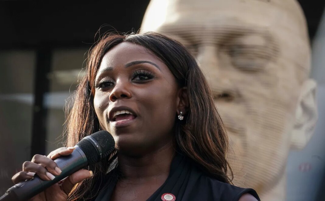 FILE - New York Councilwoman Farah Louis speaks during a celebration ceremony for the refurbished George Floyd statue, after it was vandalized following its Juneteenth installation, July 22, 2021, in the Brooklyn borough of New York. (AP Photo/Bebeto Matthews, File)
