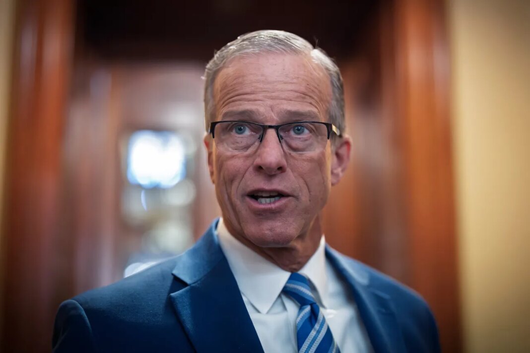 Senate Majority Leader John Thune, R-S.D., talks with reporters asking about a proposal to end the Homeland Security budget stalemate, at the Capitol in Washington, Tuesday, March 24, 2026. (AP Photo/J. Scott Applewhite)