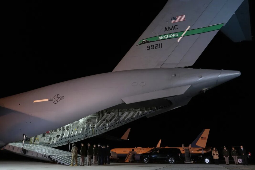 Vice President JD Vance, Defense Secretary Pete Hegseth, Chairman of the Joint Chiefs of Staff Gen. Dan Caine and other military leaders pray before a dignified transfer for U.S. Army Sgt. Benjamin N. Pennington, 26, of Glendale, Ky., the seventh U.S. service member to die in combat during the Iran war, Monday, March 9, 2026, at Dover Air Force Base, Del. (AP Photo/Julia Demaree Nikhinson)