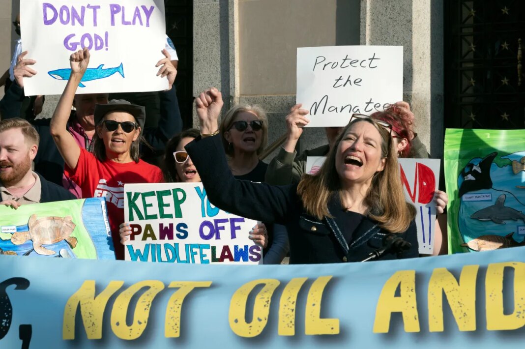 Susan Holmes, executive director of the Endangered Species Coalition, right, speaks in front of the Interior Department building during a rally to oppose the Trump administration